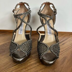 Jimmy Choo Gunmetal Crystal Strappy Platform Heels